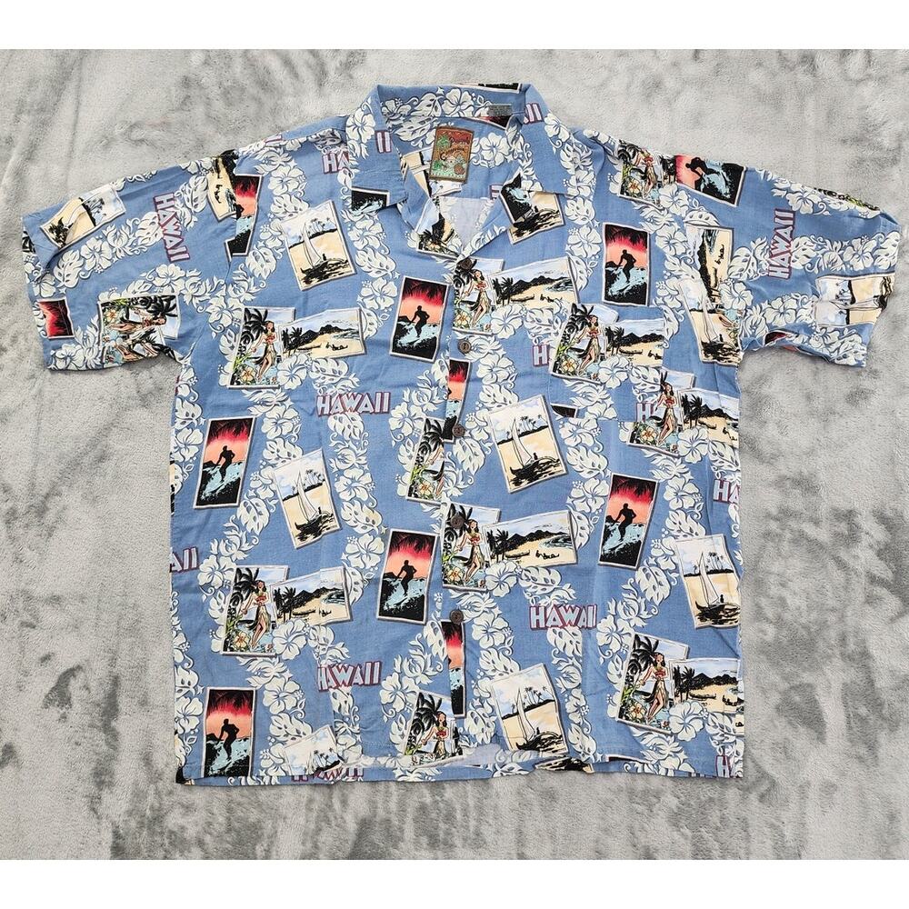 Vintage 70s Pineapple Connections Hawaiian Camp Shirt Size M Hula‎ Girl Surfing